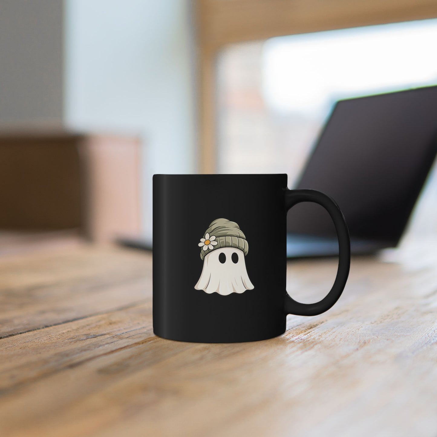 Cute Beanie Ghost Black Coffee Mug (11oz)