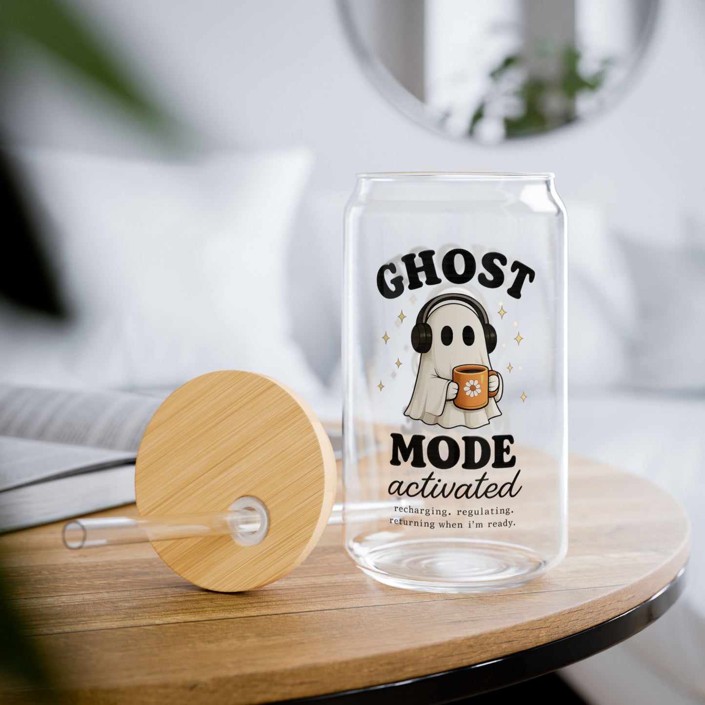 Ghost Mode Activated 16oz Sipper Glass - Cute Halloween Ghost Drink Tumbler