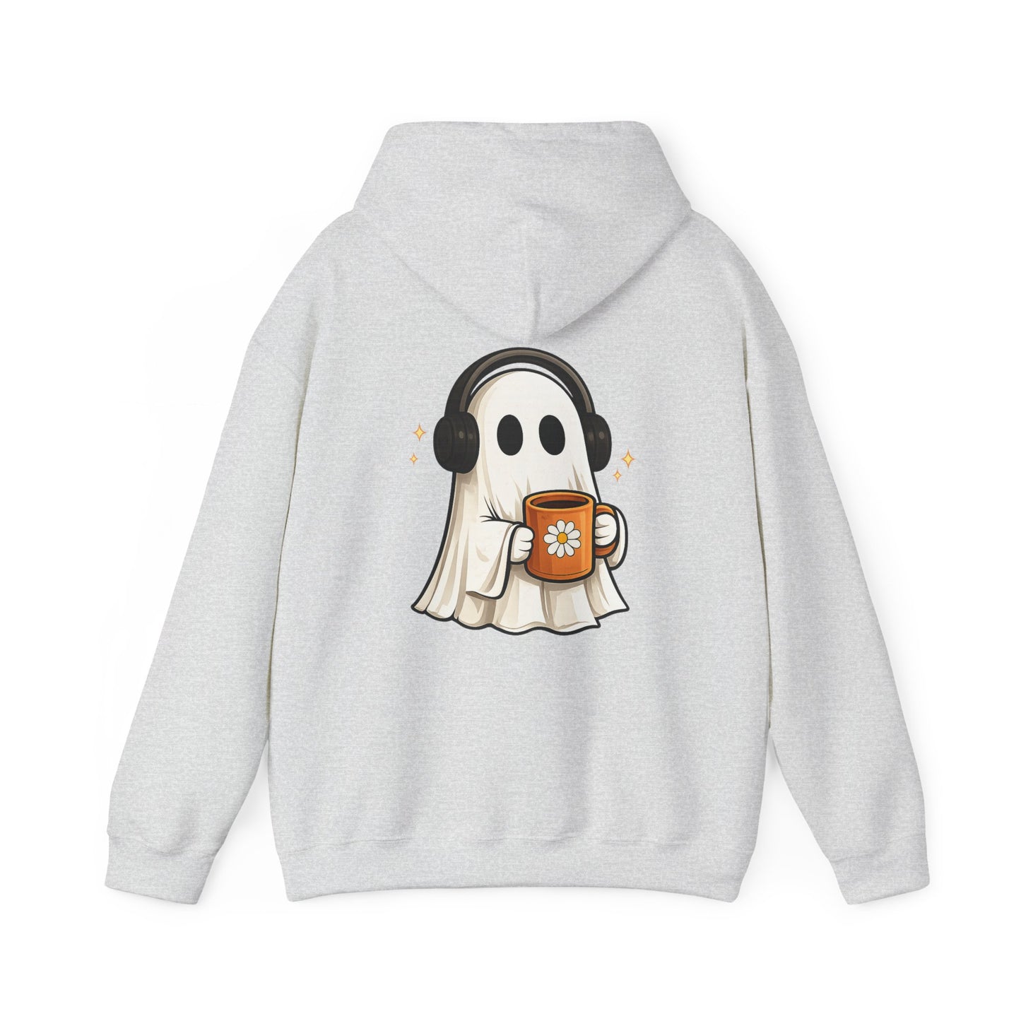 Ghost Mode Hoodie — Cute Ghost with Headphones & Coffee Pullover