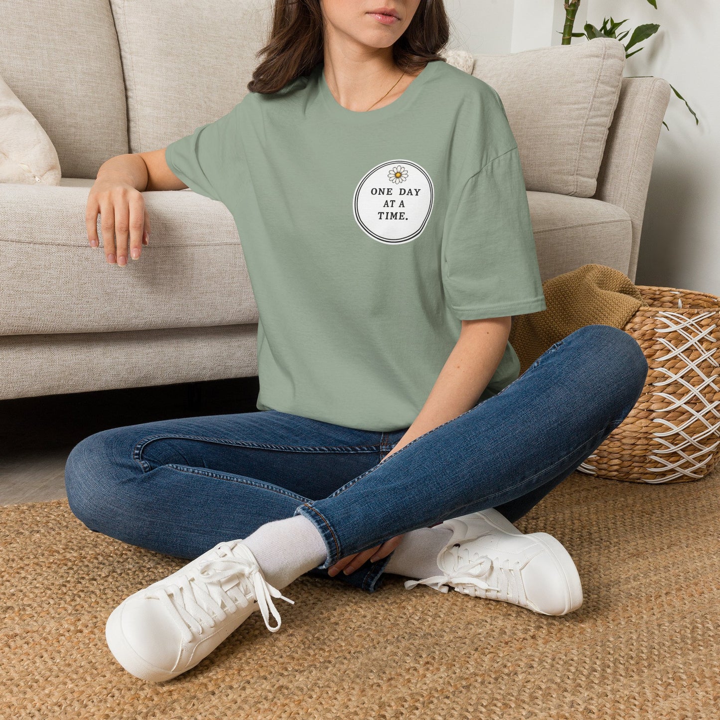 T-Shirt — "One Day at a Time" Daisy Minimalist Inspirational Tee