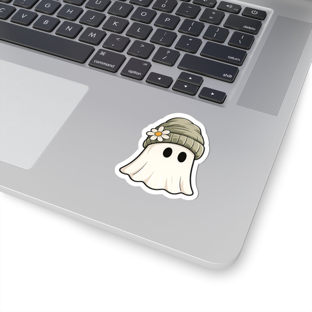 Cute Ghost Sticker — Daisy Beanie Ghost Kiss-Cut Vinyl Sticker (Halloween, Laptops & Water Bottles)