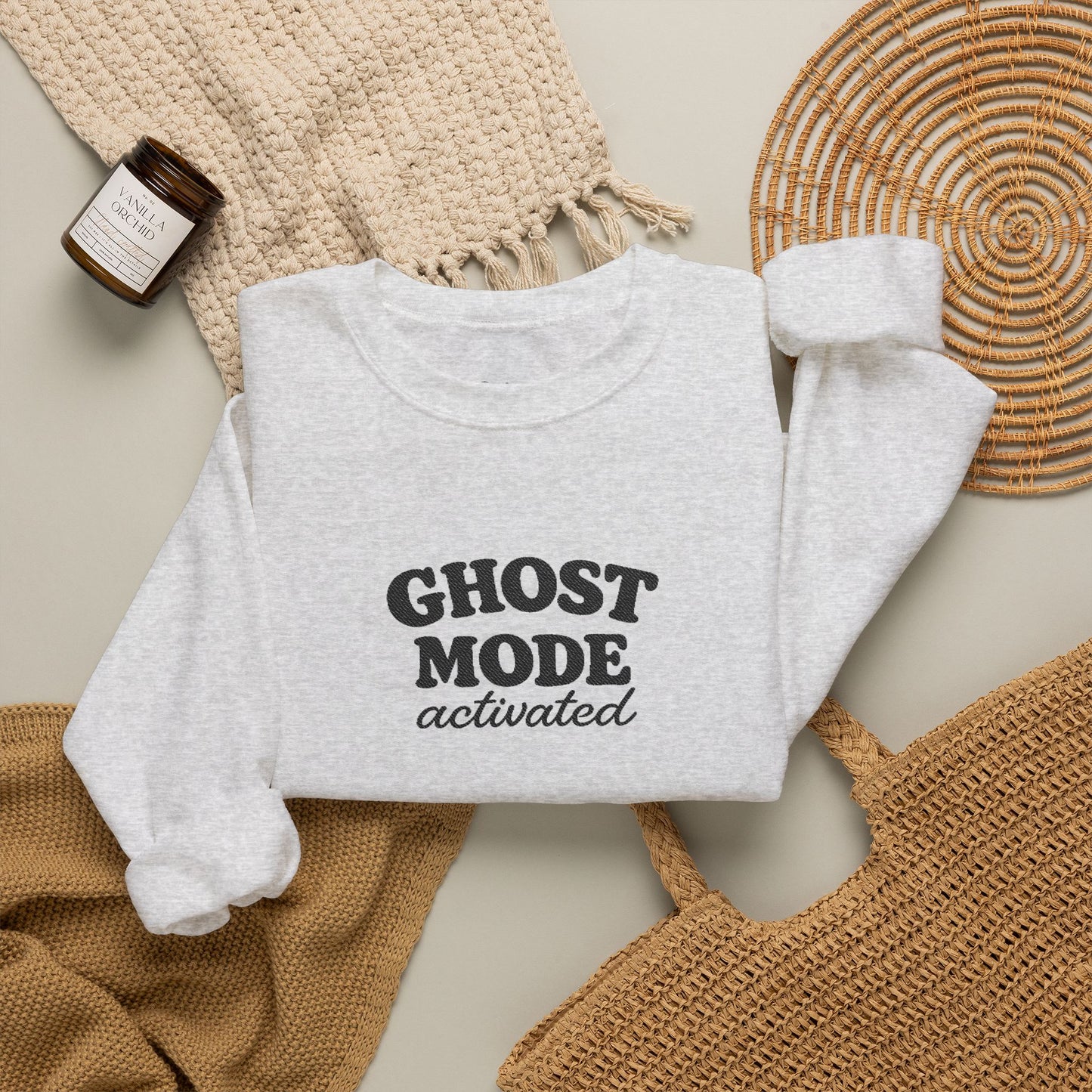 Ghost Mode Crewneck Sweatshirt — Minimalist White Pullover