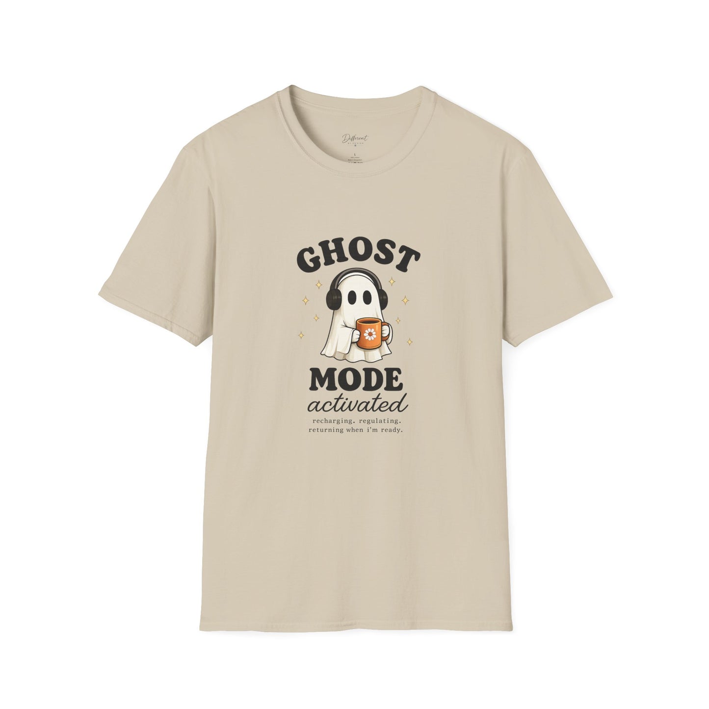 Ghost Mode T-Shirt — Cute Ghost with Headphones & Coffee