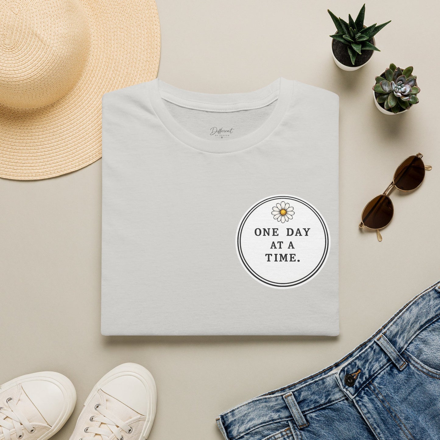 T-Shirt — "One Day at a Time" Daisy Minimalist Inspirational Tee