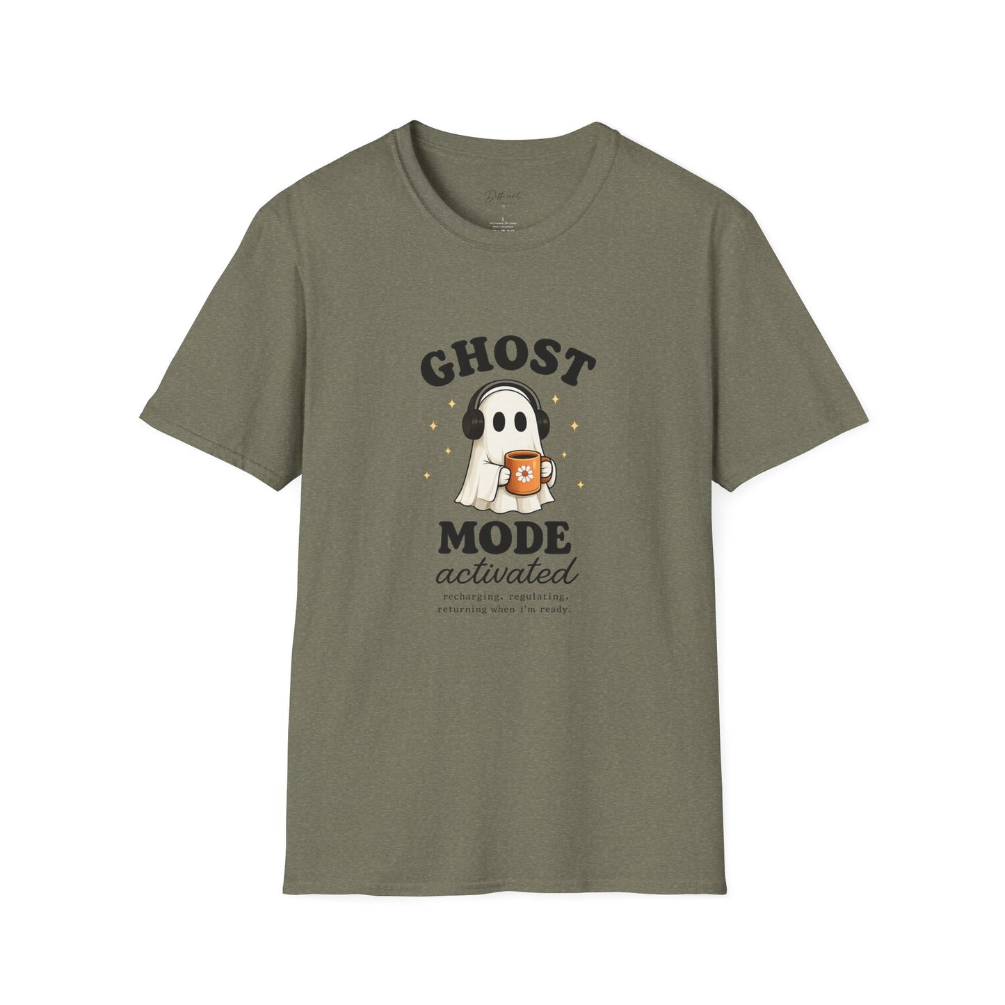 Ghost Mode T-Shirt — Cute Ghost with Headphones & Coffee