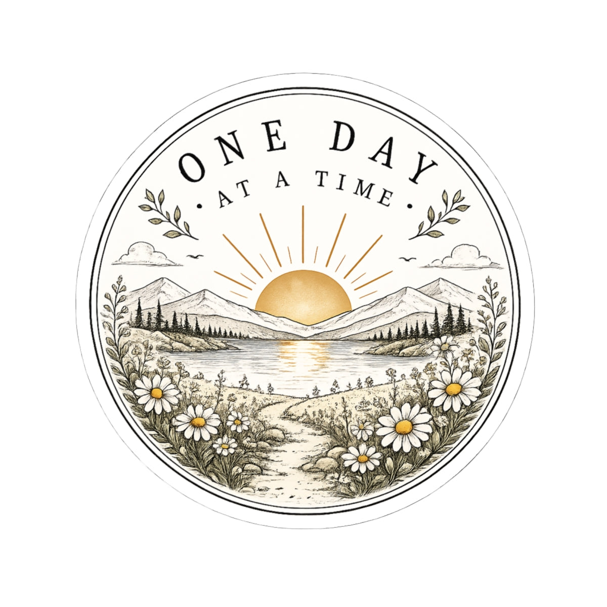 One Day at a Time Sticker — Scenic Sunrise Daisy Vinyl Sticker (Kiss-Cut)
