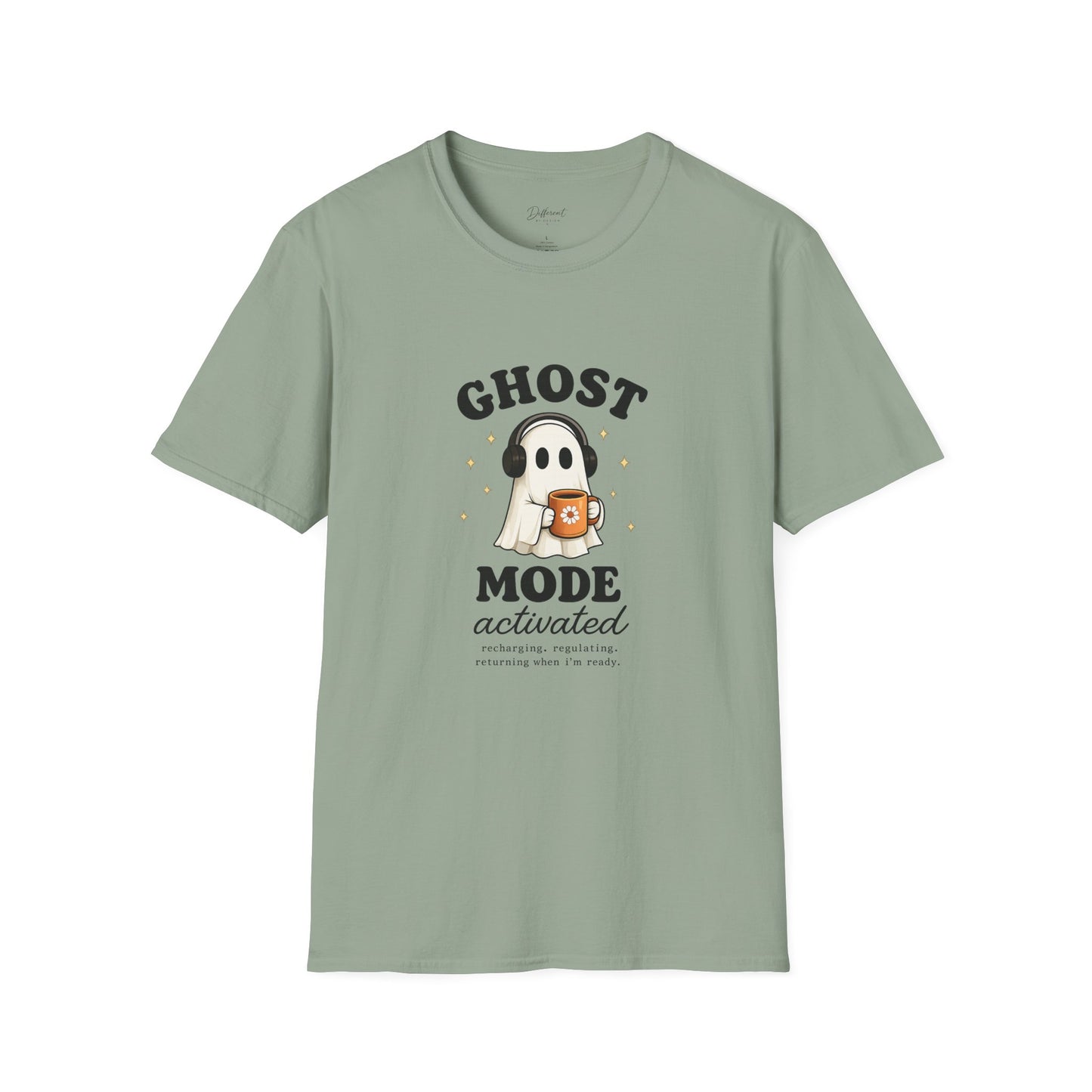 Ghost Mode T-Shirt — Cute Ghost with Headphones & Coffee