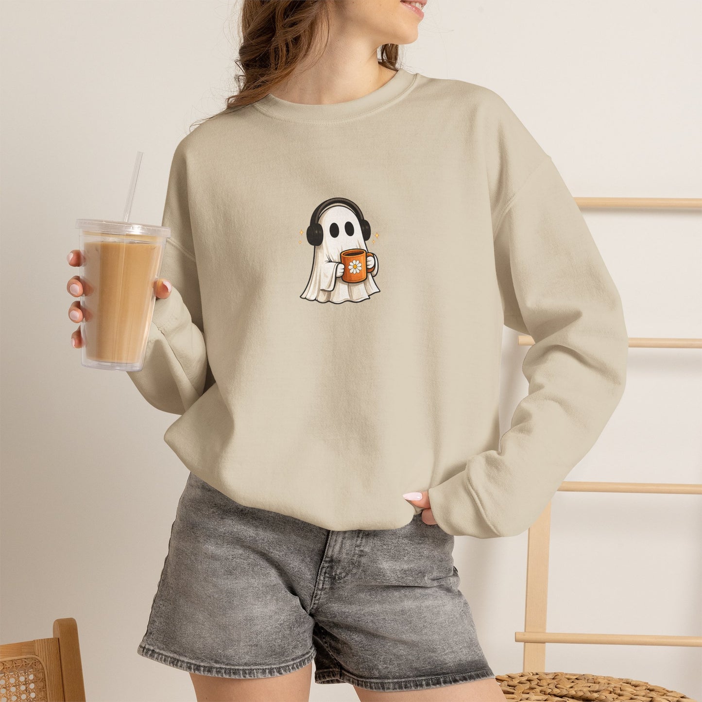 Cute Ghost Holding Pumpkin Crewneck Sweatshirt