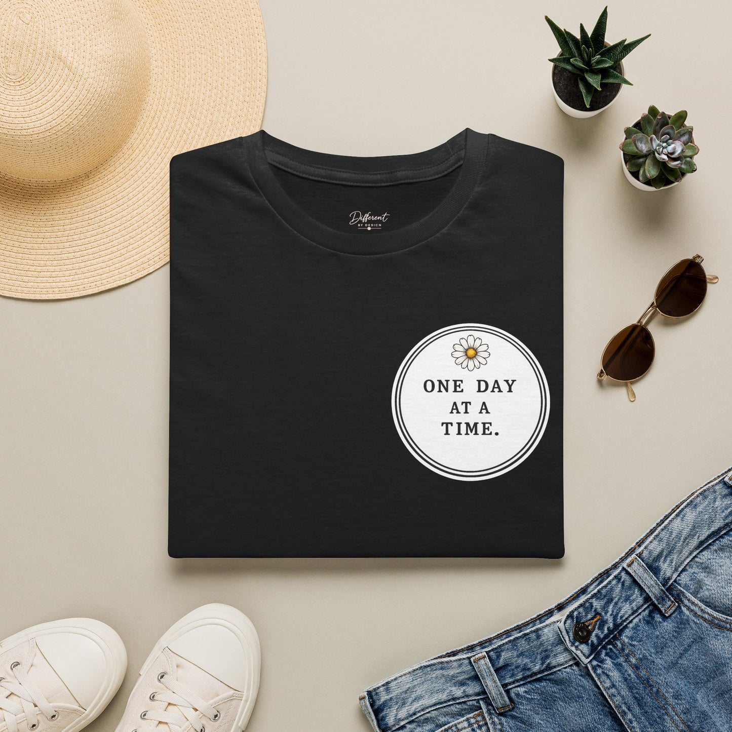 T-Shirt — "One Day at a Time" Daisy Minimalist Inspirational Tee