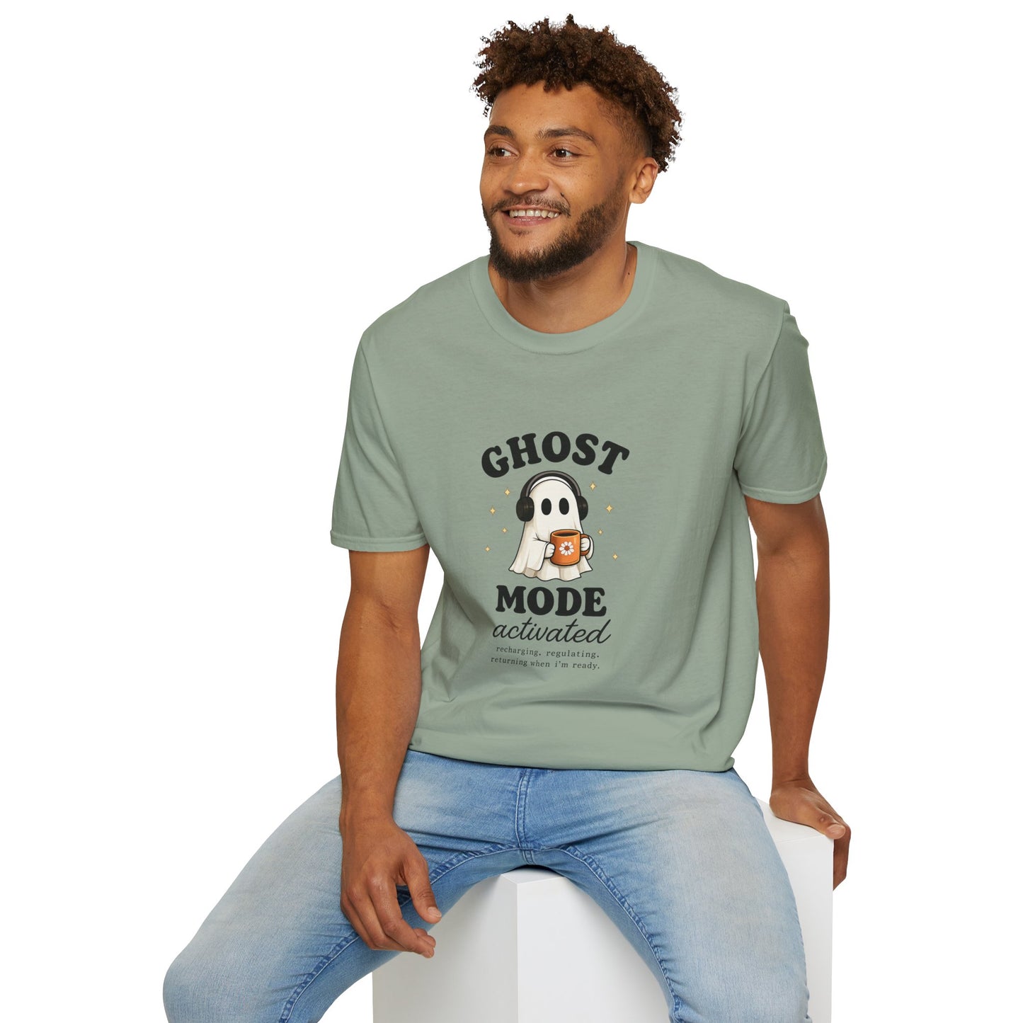 Ghost Mode T-Shirt — Cute Ghost with Headphones & Coffee