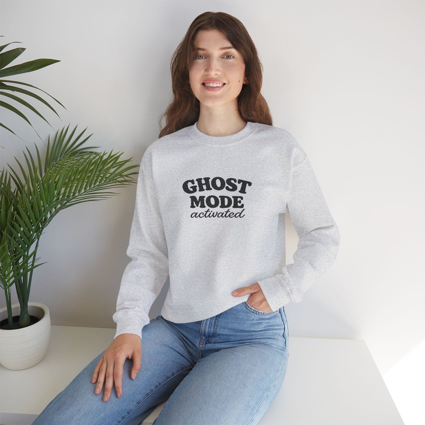 Ghost Mode Crewneck Sweatshirt — Minimalist White Pullover