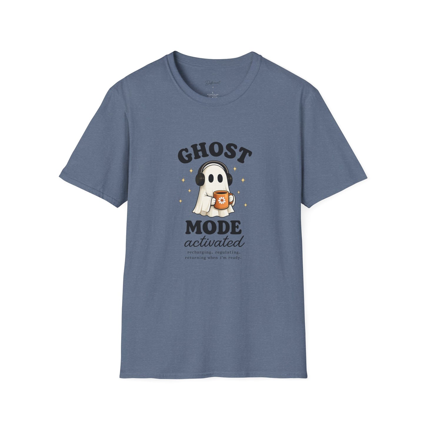 Ghost Mode T-Shirt — Cute Ghost with Headphones & Coffee