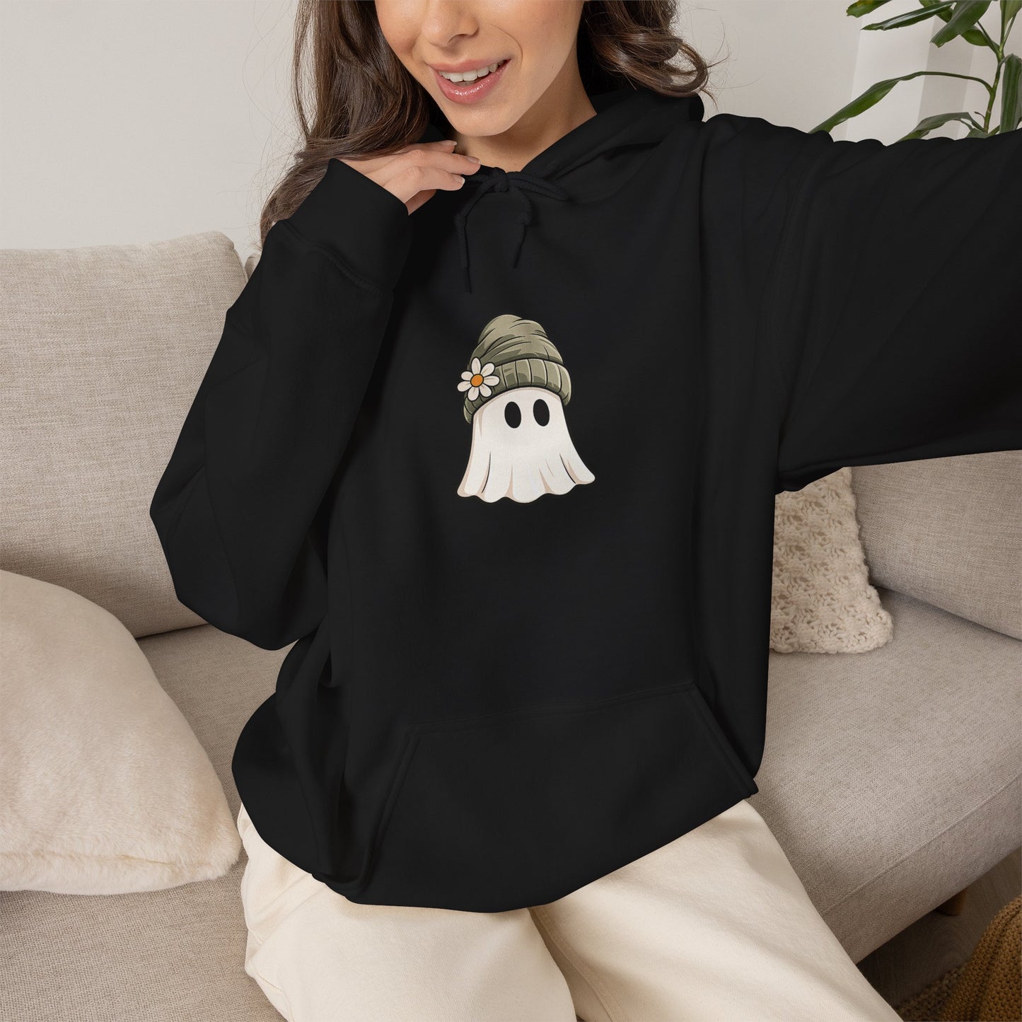 Cute Ghost Hoodie with Beanie Graphic — Cozy Fall Halloween Sweatshirt