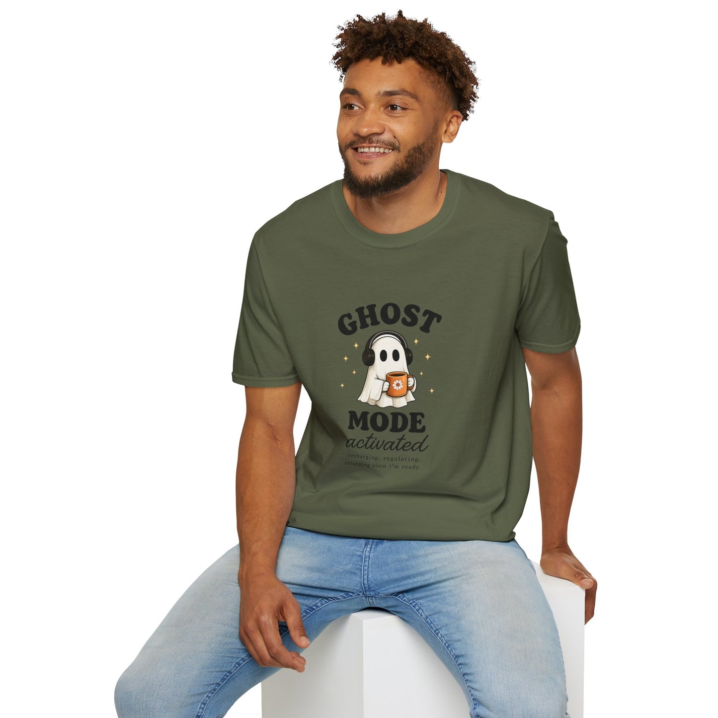 Ghost Mode T-Shirt — Cute Ghost with Headphones & Coffee