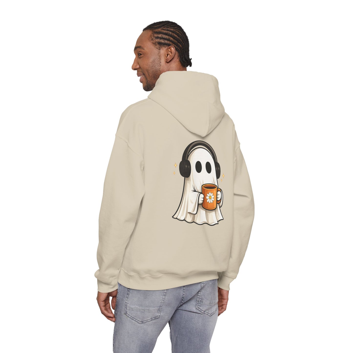 Ghost Mode Hoodie — Cute Ghost with Headphones & Coffee Pullover