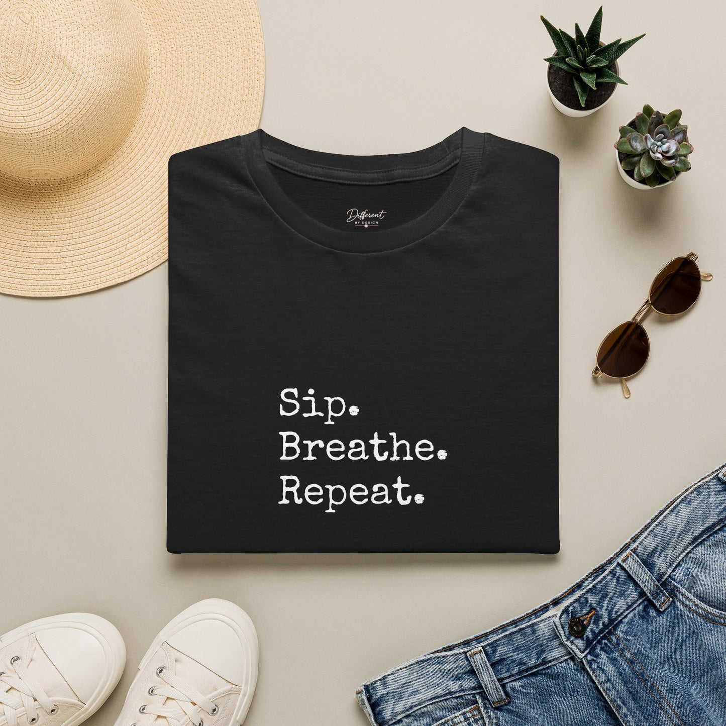 Sip. Breathe. Repeat. T-Shirt — Relaxed Minimalist Self-Care Tee