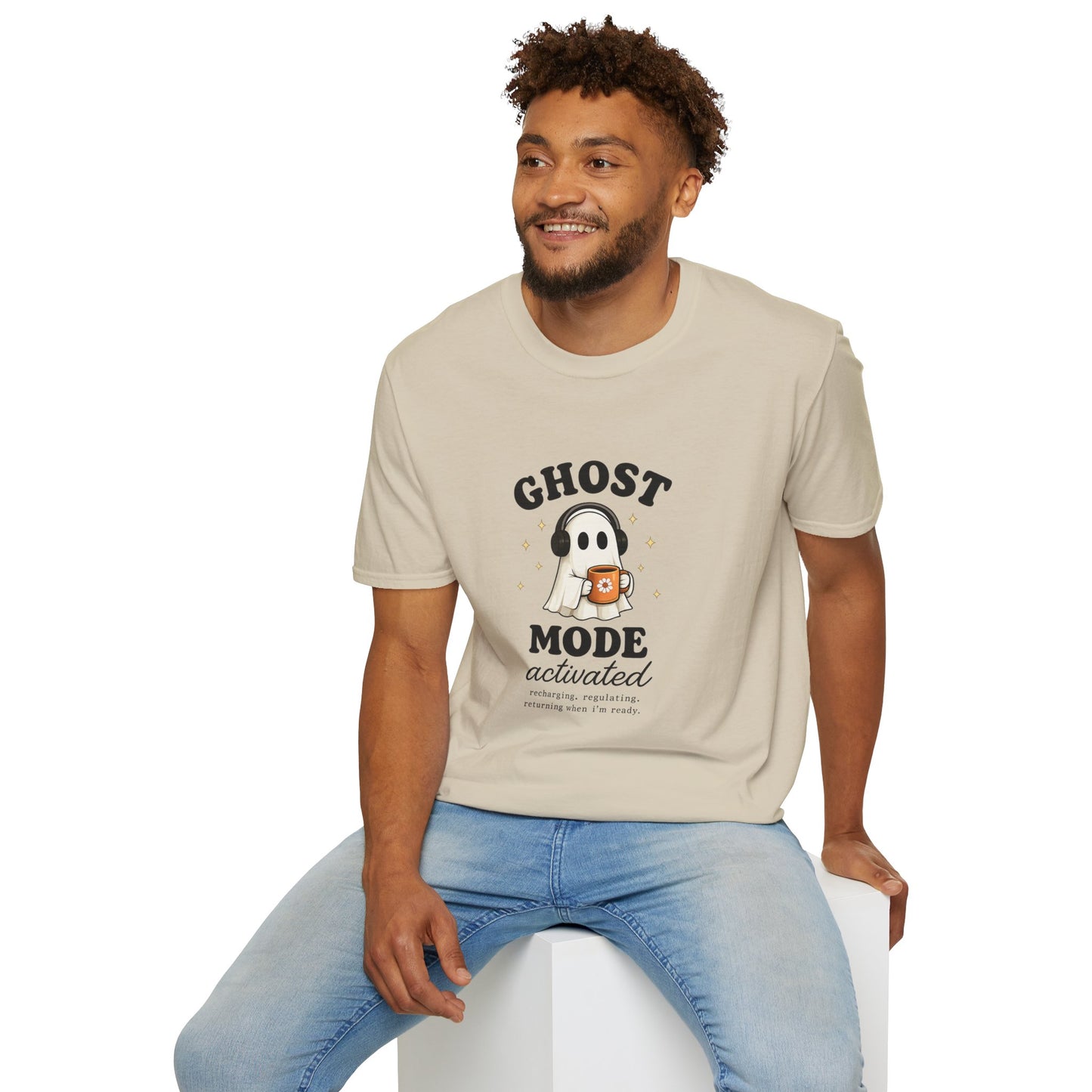 Ghost Mode T-Shirt — Cute Ghost with Headphones & Coffee