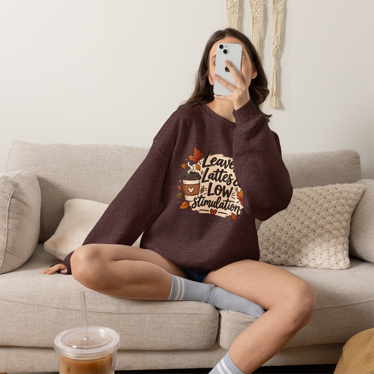 Fall Sweatshirt – "Leaves, Lattes & Low Stimulation" Cozy Autumn Crewneck