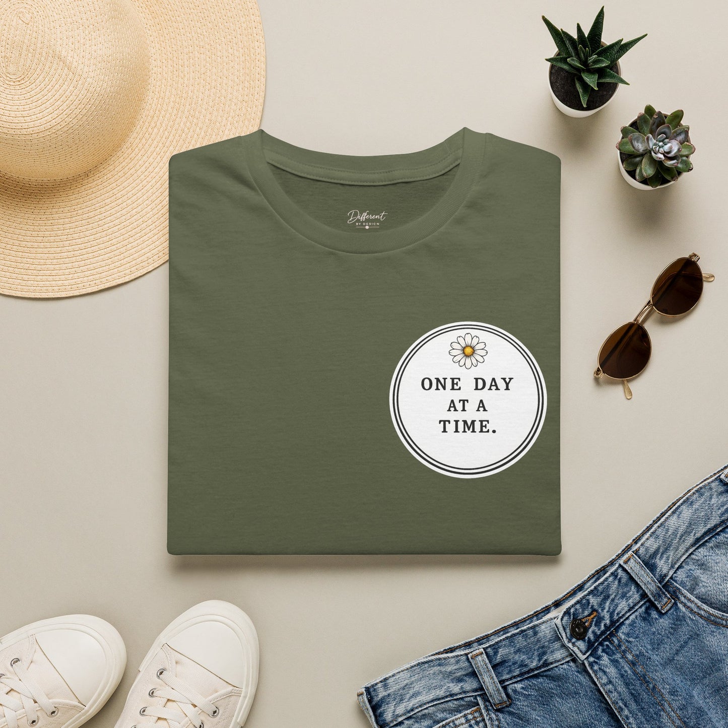 T-Shirt — "One Day at a Time" Daisy Minimalist Inspirational Tee