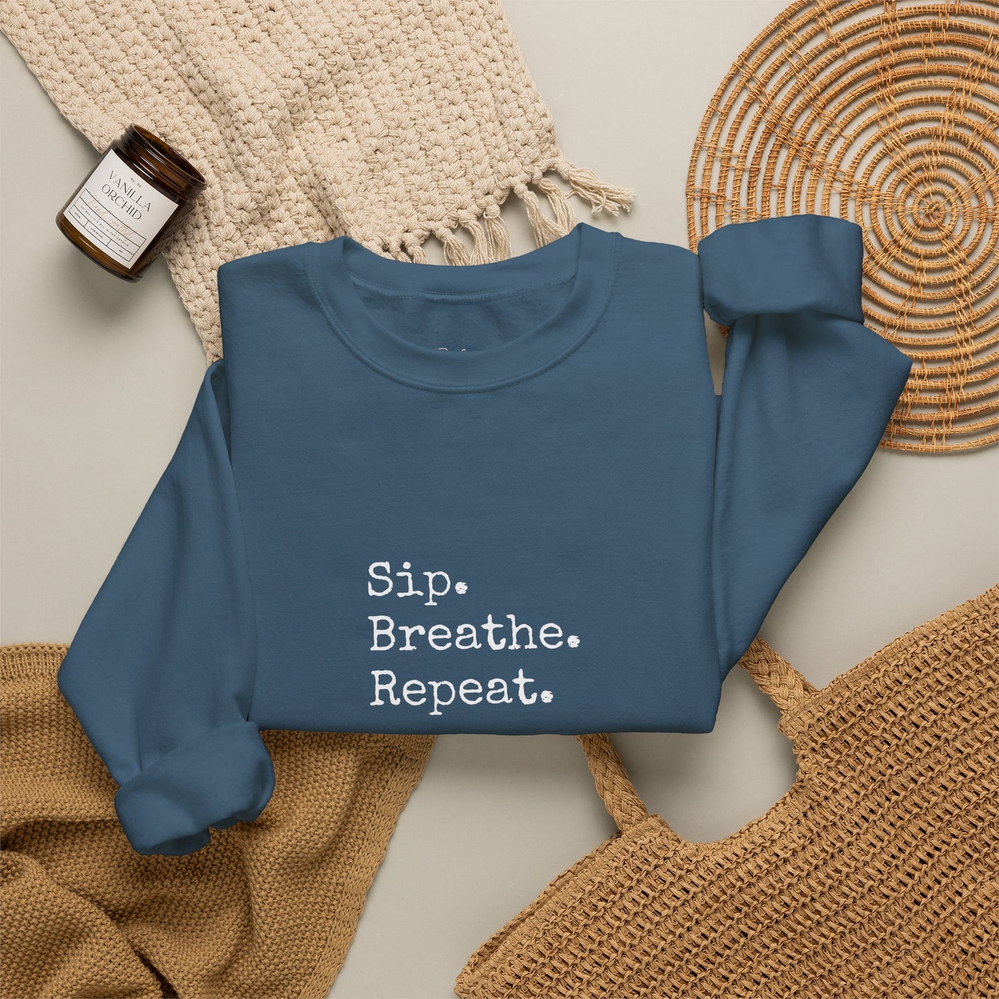 Sip. Breathe. Repeat. Crewneck Sweatshirt — Cozy Minimalist Relaxation Sweatshirt