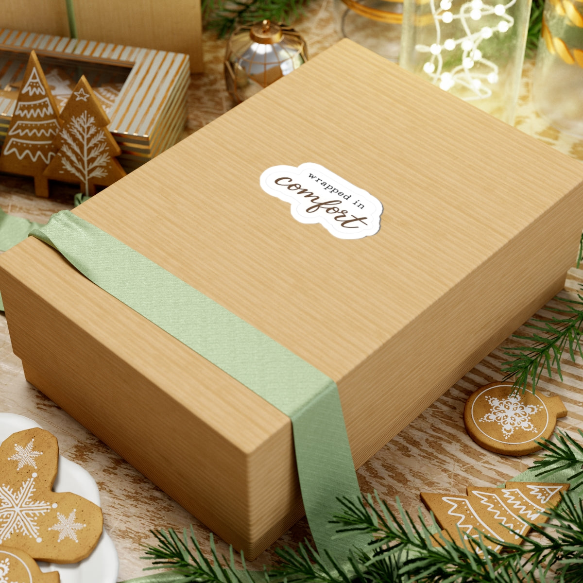 Wrapped in Comfort Sticker — Cozy Script Kiss-Cut Vinyl Sticker
