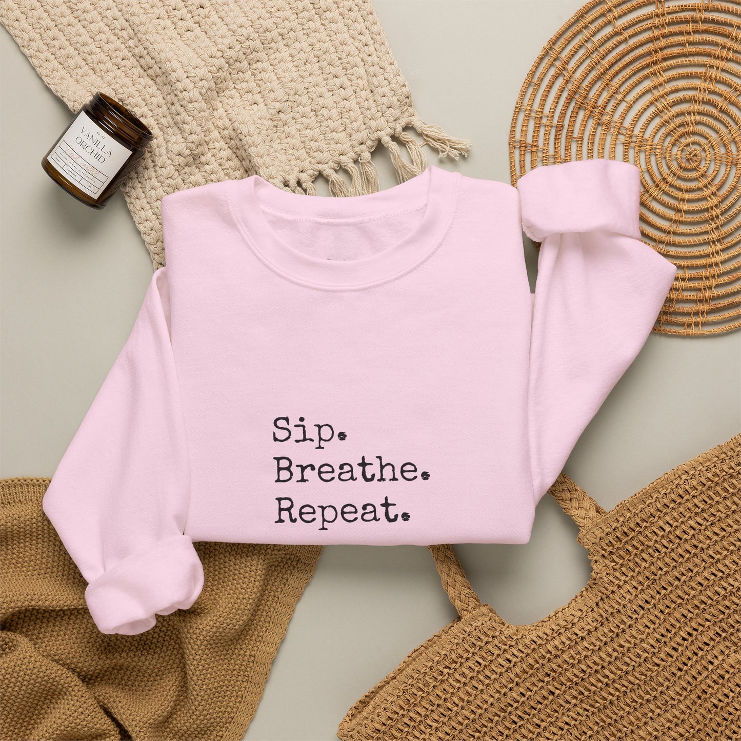 Sip. Breathe. Repeat. Crewneck Sweatshirt — Cozy Minimalist Relaxation Sweatshirt