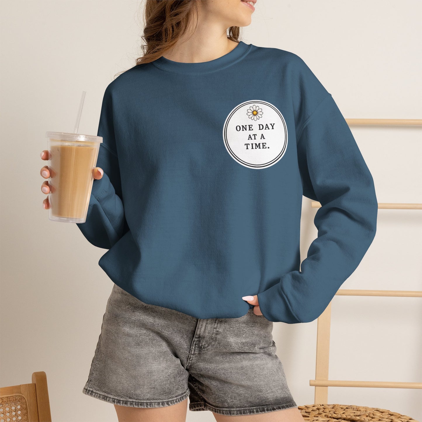 Crewneck Sweatshirt — 'One Day at a Time' Sunrise Mountain Graphic