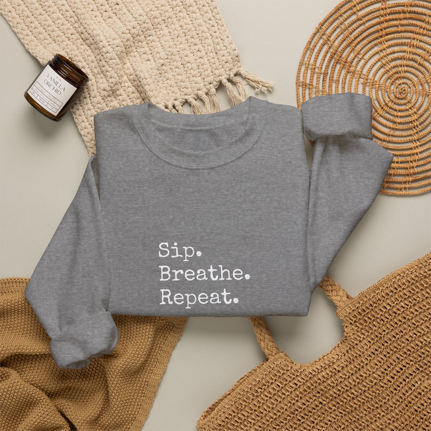 Sip. Breathe. Repeat. Crewneck Sweatshirt — Cozy Minimalist Relaxation Sweatshirt