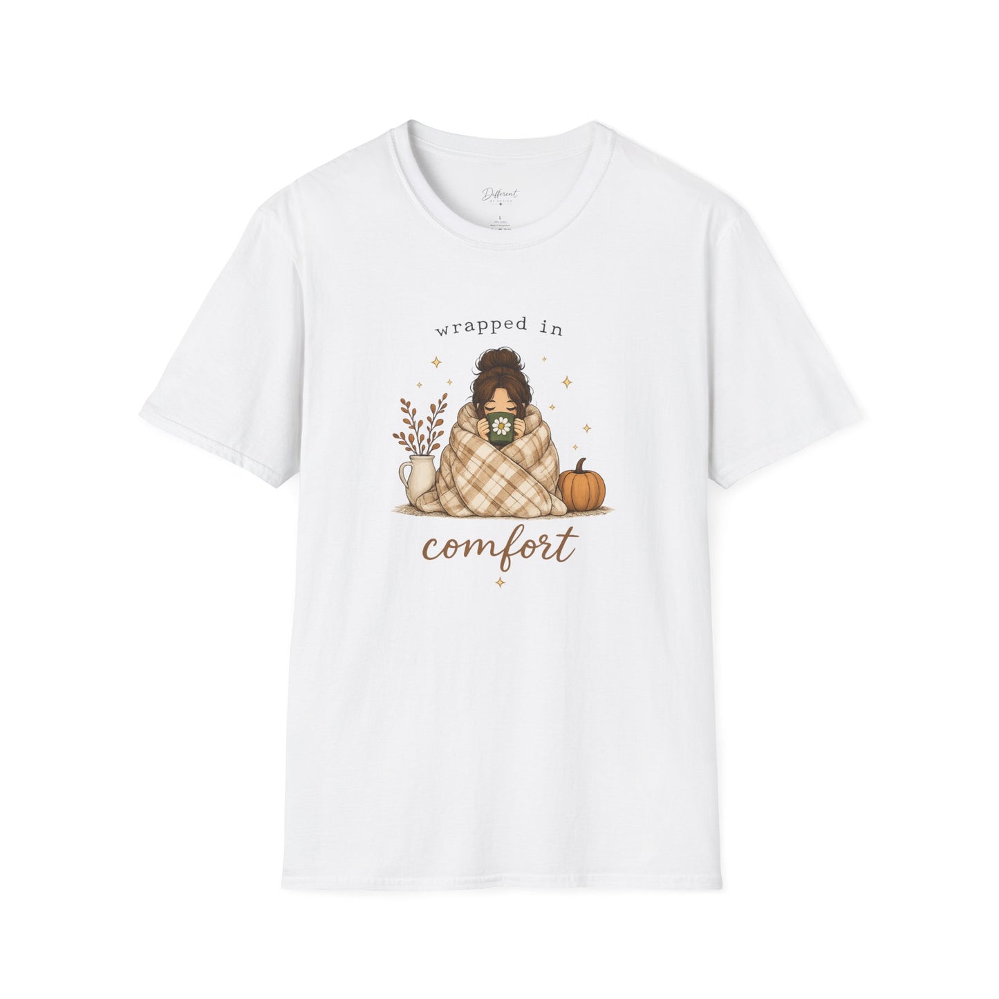 Cozy Fall Tee — "Wrapped in Comfort" Plaid Blanket Girl T-Shirt