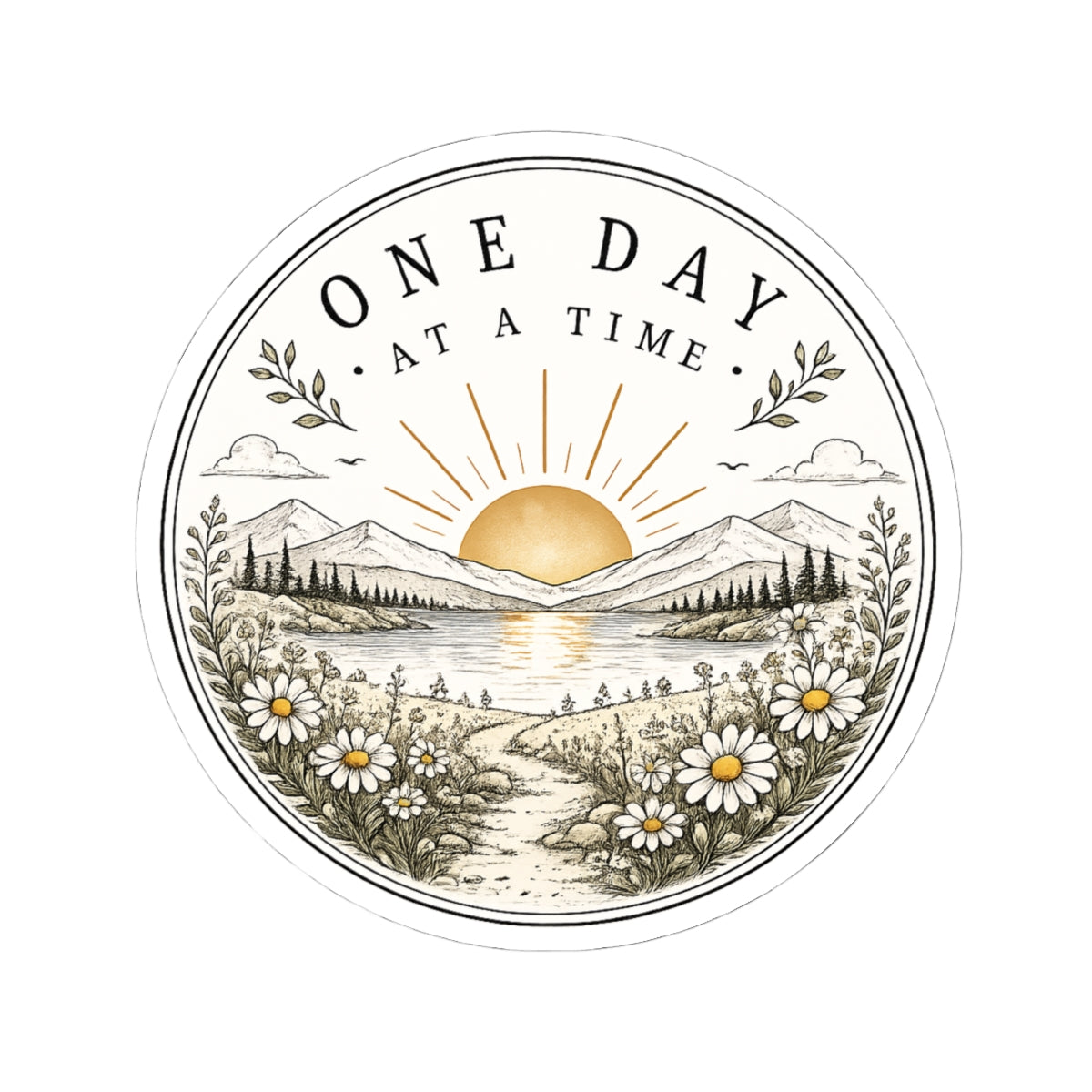 One Day at a Time Sticker — Scenic Sunrise Daisy Vinyl Sticker (Kiss-Cut)