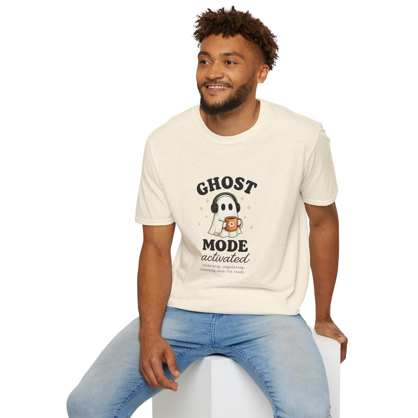 Ghost Mode T-Shirt — Cute Ghost with Headphones & Coffee