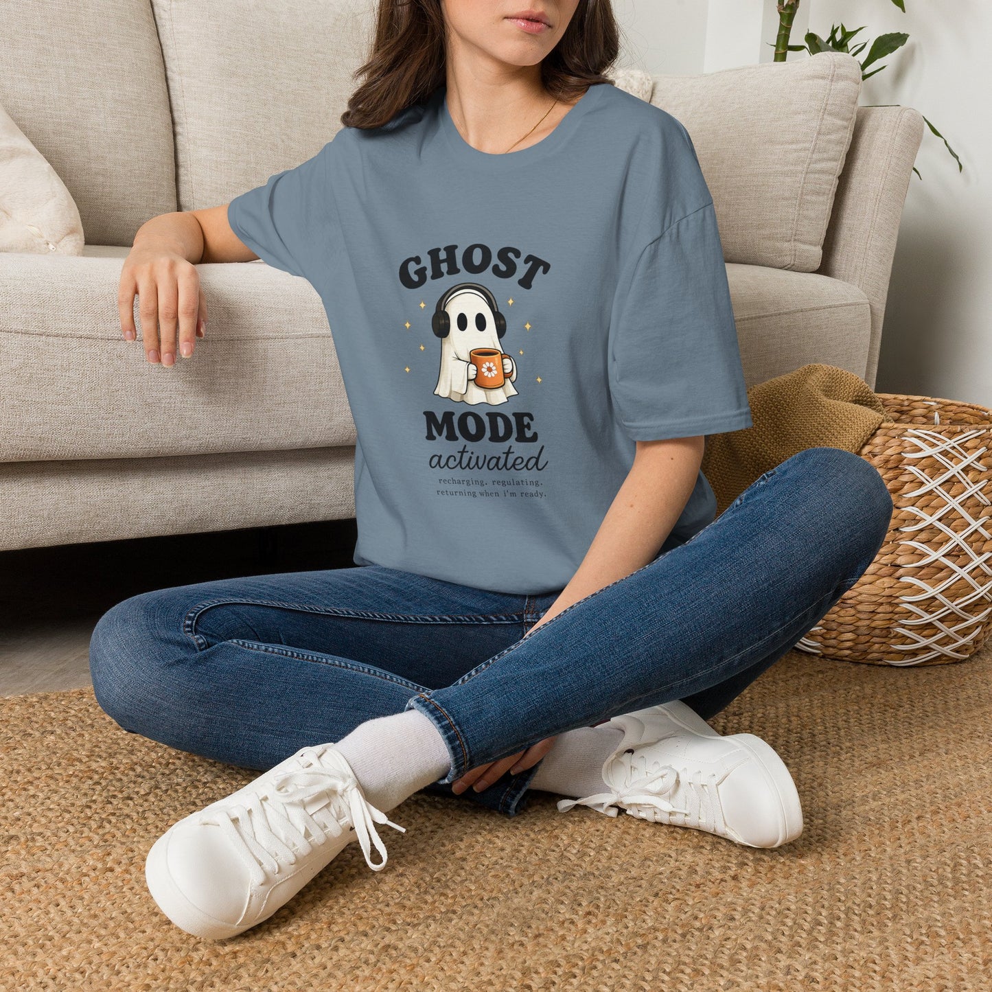 Ghost Mode T-Shirt — Cute Ghost with Headphones & Coffee