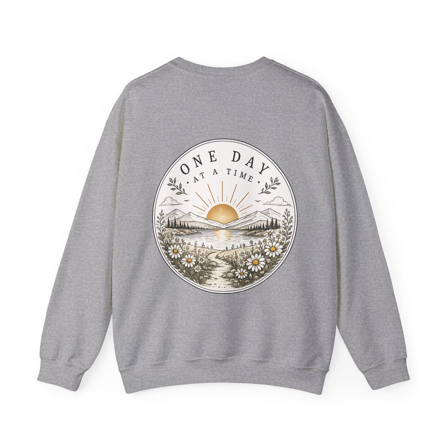 Crewneck Sweatshirt — 'One Day at a Time' Sunrise Mountain Graphic