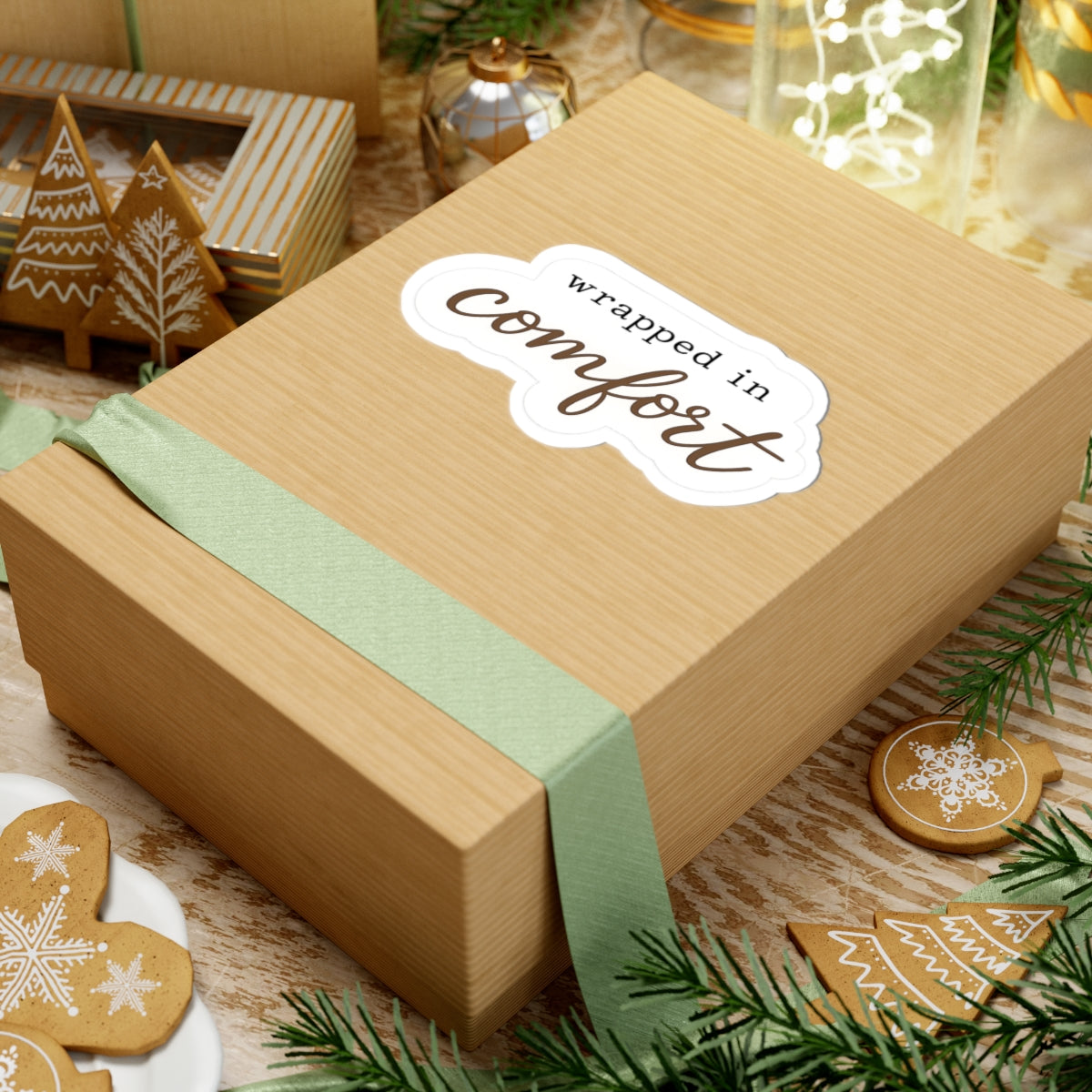 Wrapped in Comfort Sticker — Cozy Script Kiss-Cut Vinyl Sticker