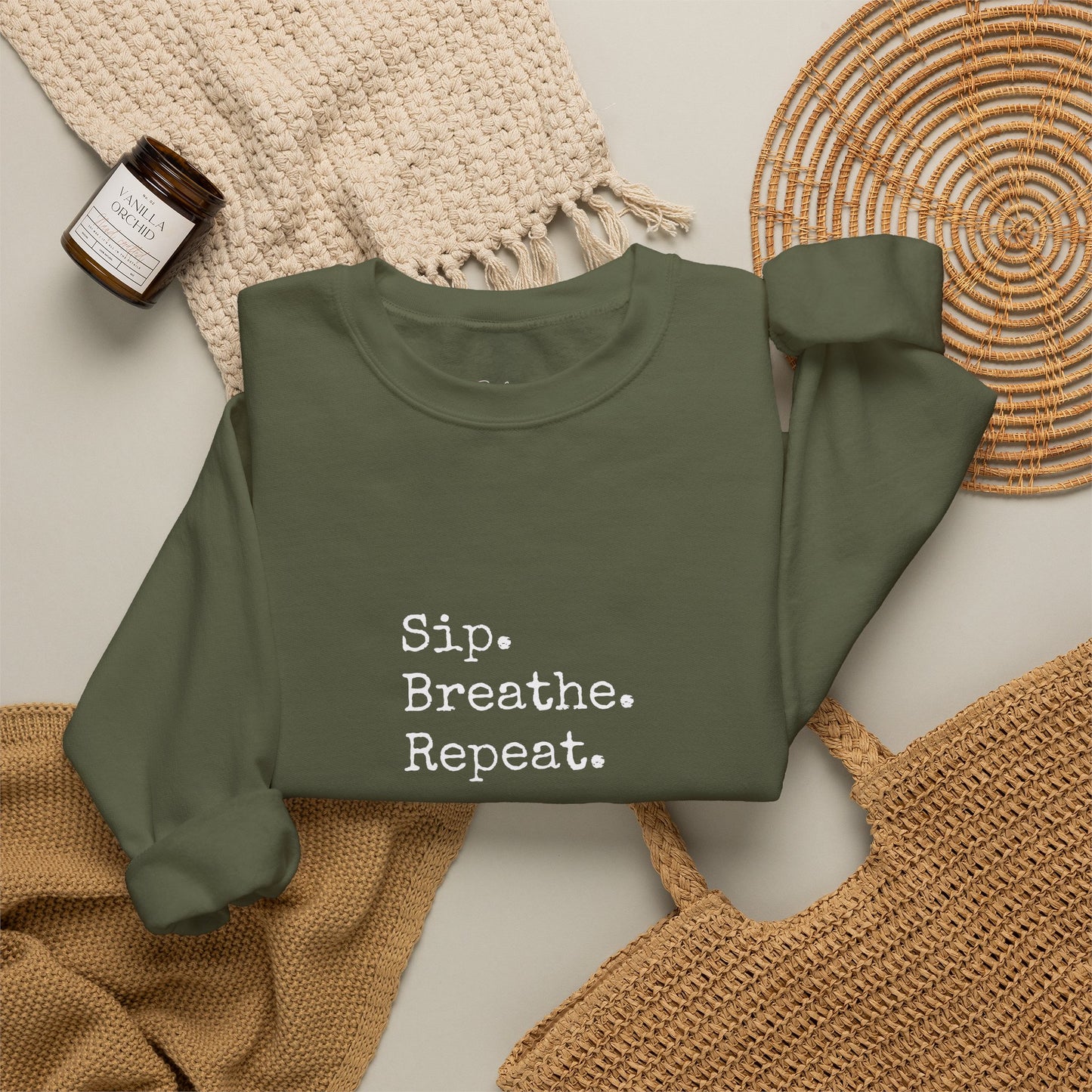 Sip. Breathe. Repeat. Crewneck Sweatshirt — Cozy Minimalist Relaxation Sweatshirt