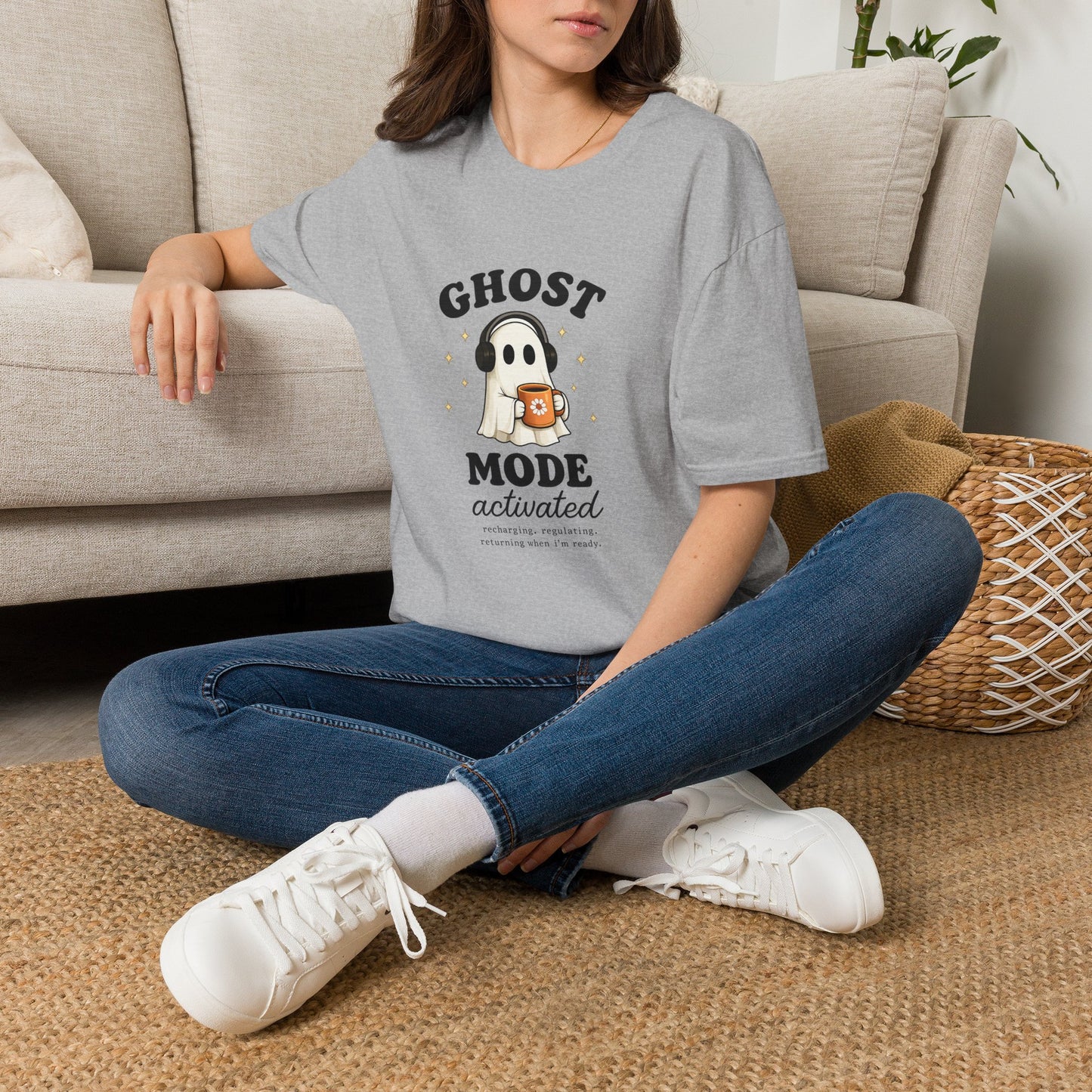 Ghost Mode T-Shirt — Cute Ghost with Headphones & Coffee