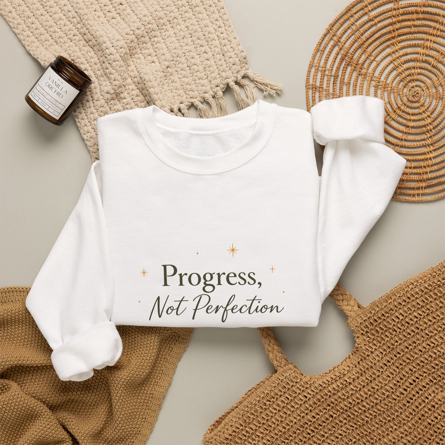 Crewneck Sweatshirt — "Progress, Not Perfection" Plant Sprout Inspirational Pullover