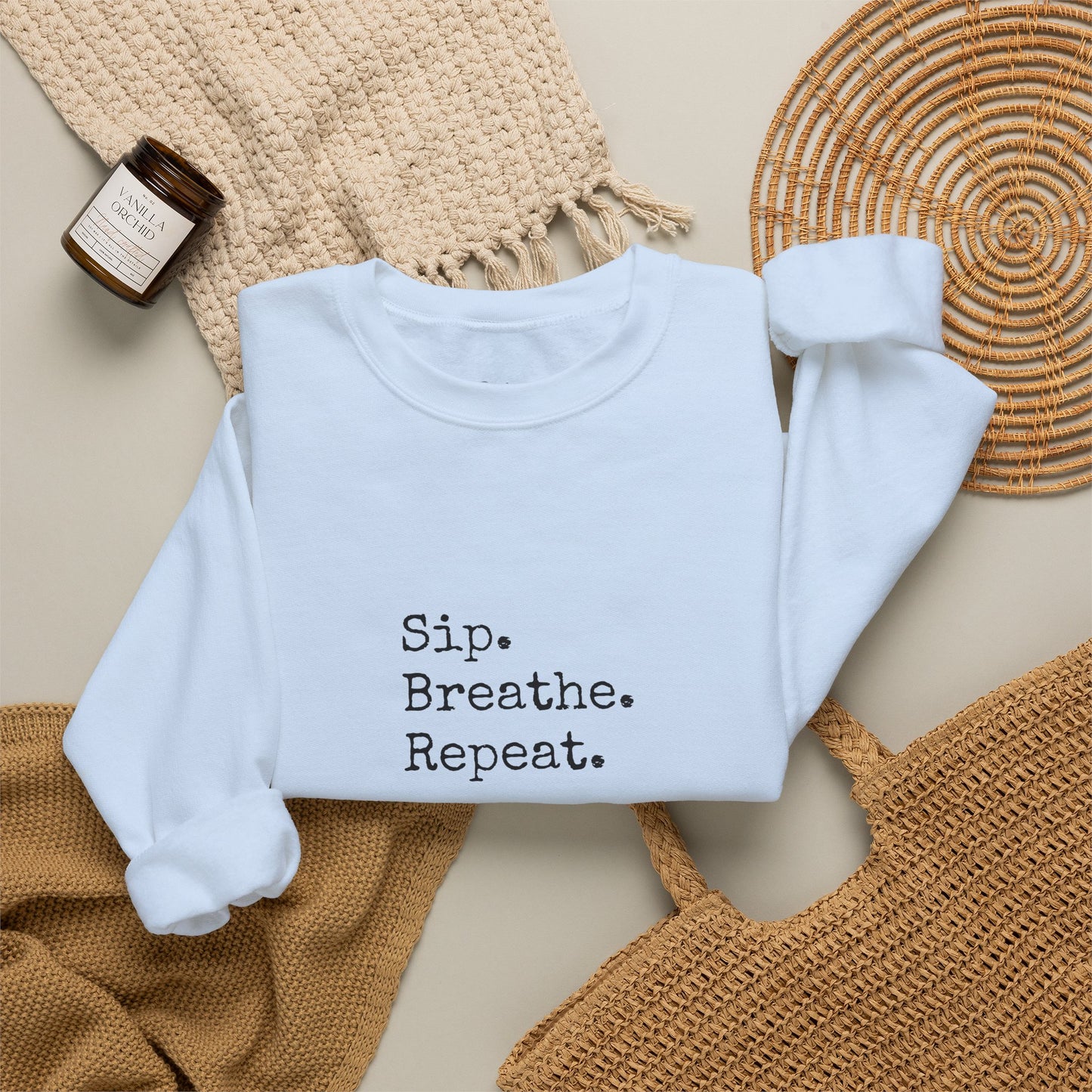 Sip. Breathe. Repeat. Crewneck Sweatshirt — Cozy Minimalist Relaxation Sweatshirt