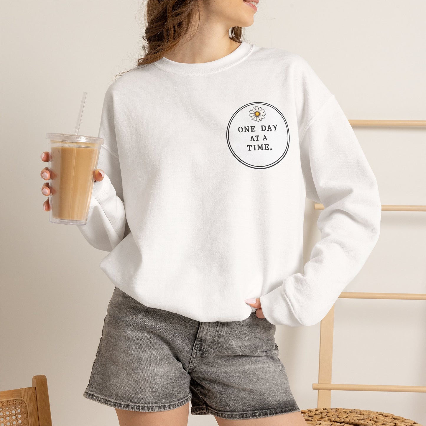 Crewneck Sweatshirt — 'One Day at a Time' Sunrise Mountain Graphic