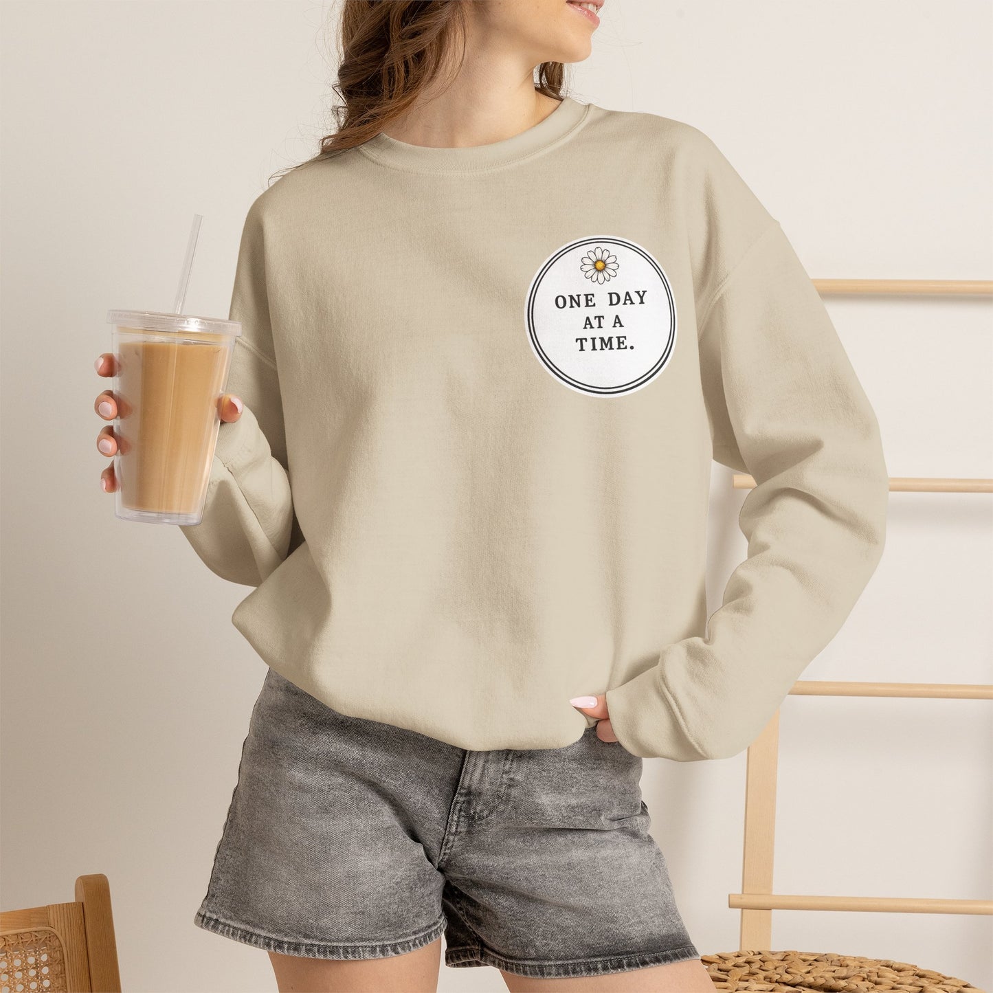 Crewneck Sweatshirt — 'One Day at a Time' Sunrise Mountain Graphic