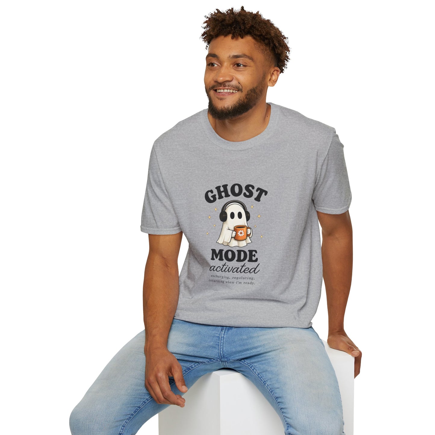 Ghost Mode T-Shirt — Cute Ghost with Headphones & Coffee
