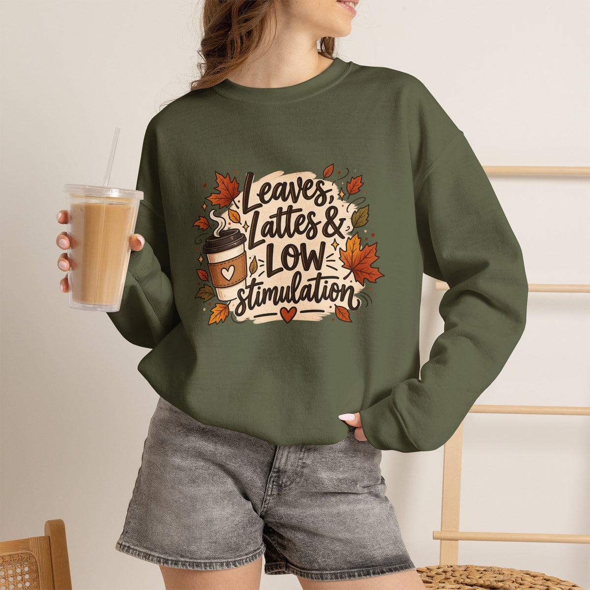 Fall Sweatshirt – "Leaves, Lattes & Low Stimulation" Cozy Autumn Crewneck