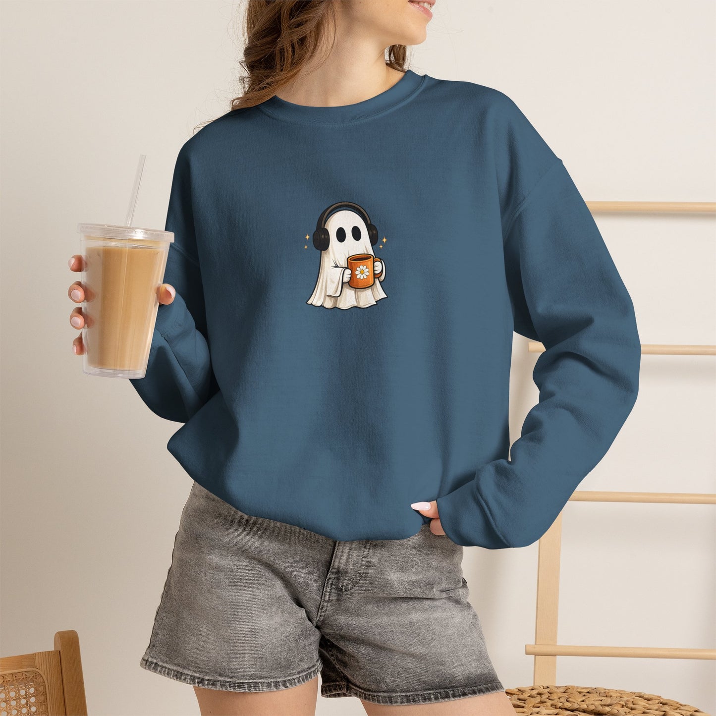 Cute Ghost Holding Pumpkin Crewneck Sweatshirt
