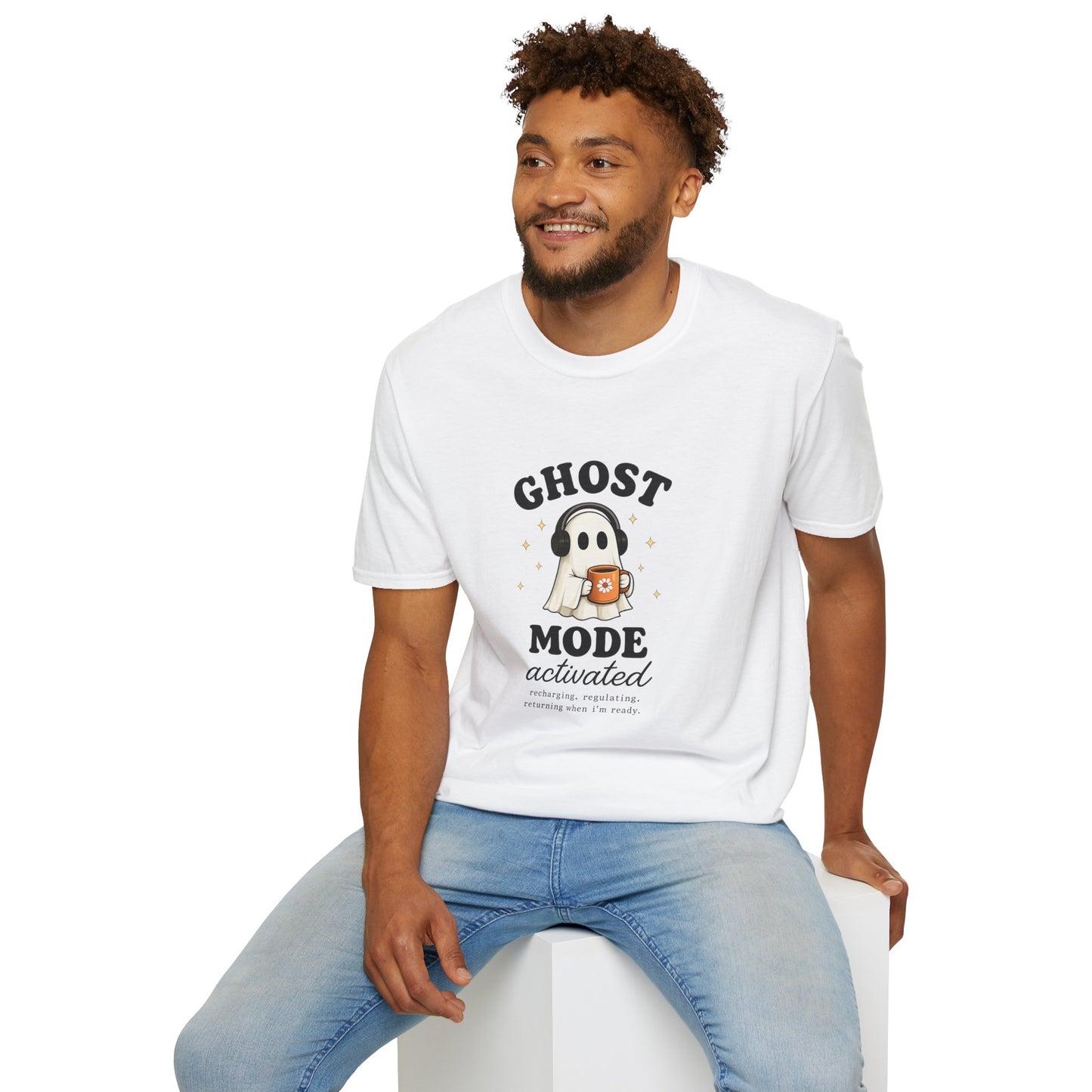 Ghost Mode T-Shirt — Cute Ghost with Headphones & Coffee