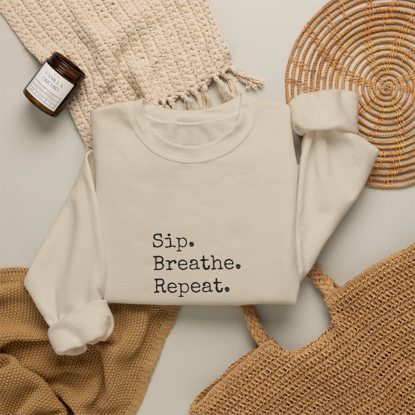 Sip. Breathe. Repeat. Crewneck Sweatshirt — Cozy Minimalist Relaxation Sweatshirt