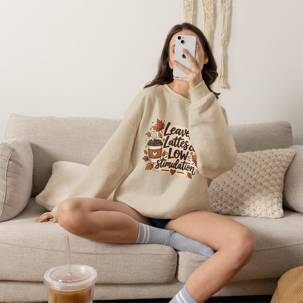 Fall Sweatshirt – "Leaves, Lattes & Low Stimulation" Cozy Autumn Crewneck
