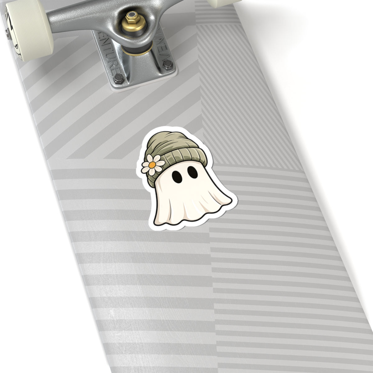 Cute Ghost Sticker — Daisy Beanie Ghost Kiss-Cut Vinyl Sticker (Halloween, Laptops & Water Bottles)