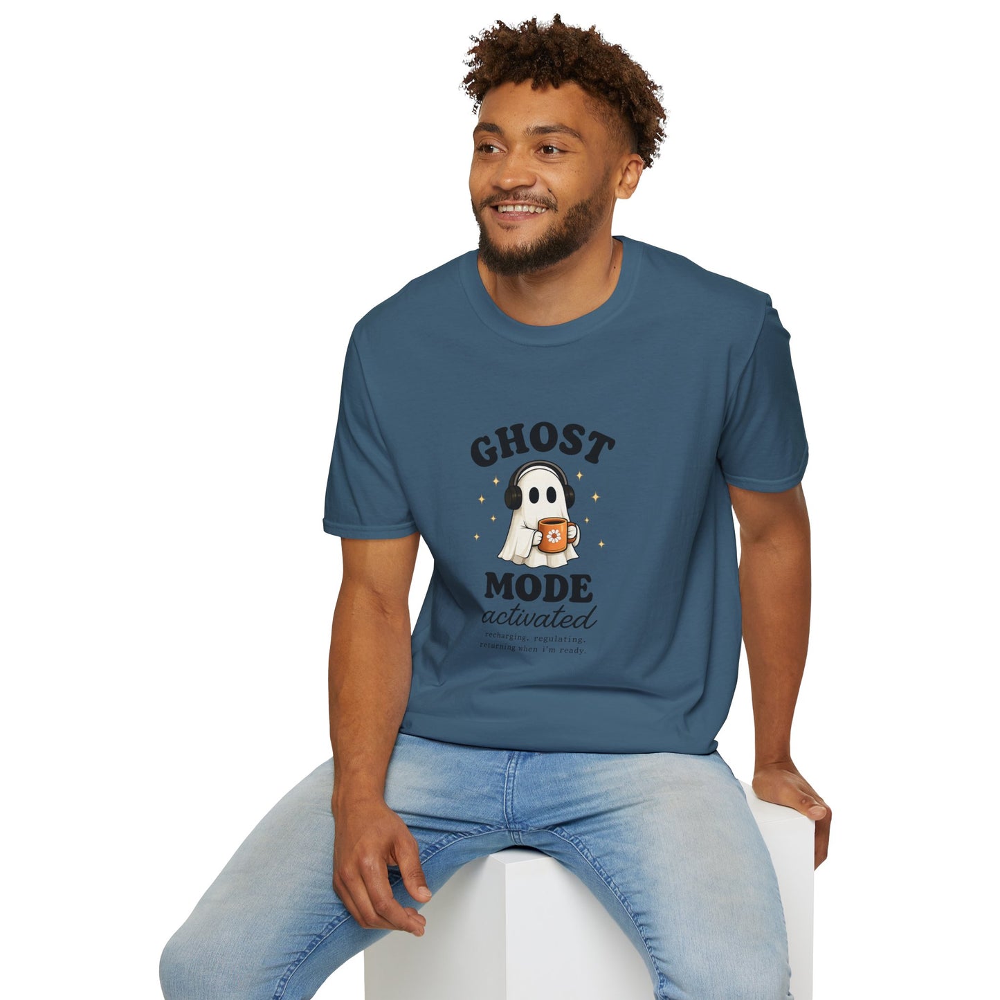 Ghost Mode T-Shirt — Cute Ghost with Headphones & Coffee