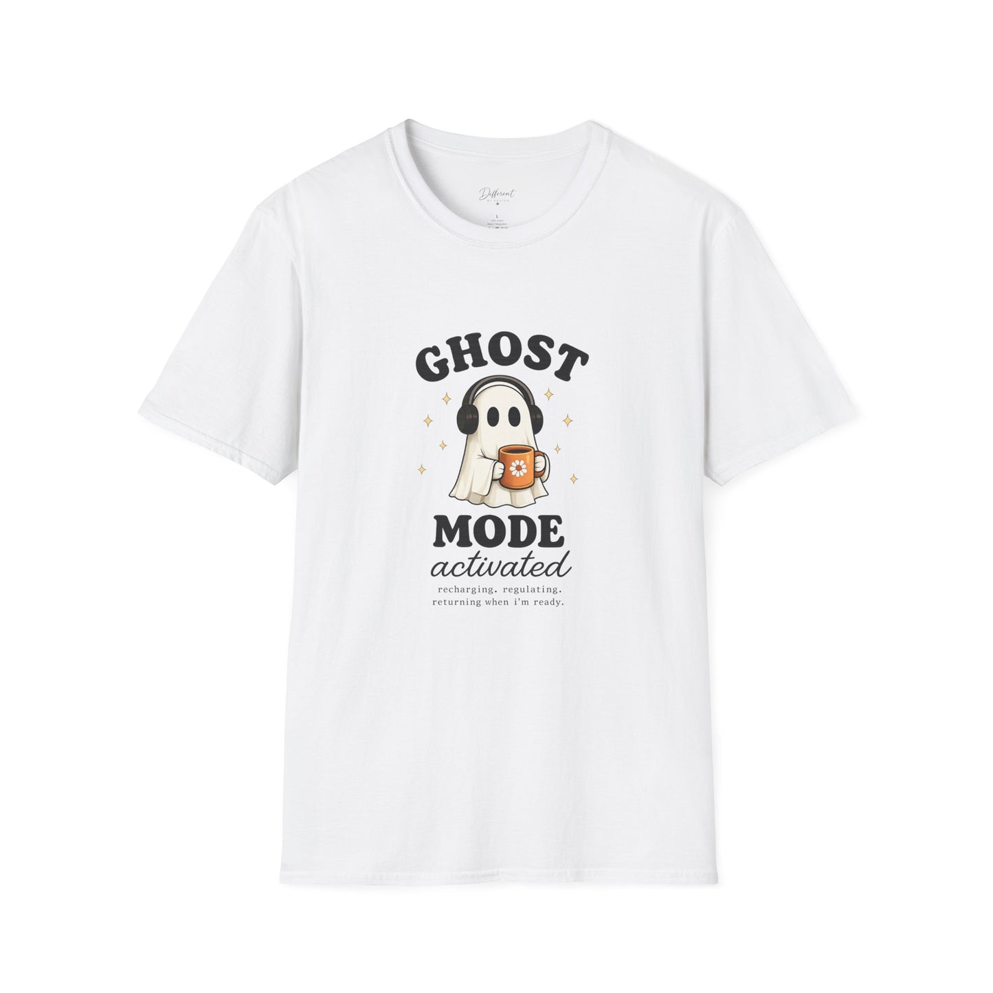 Ghost Mode T-Shirt — Cute Ghost with Headphones & Coffee