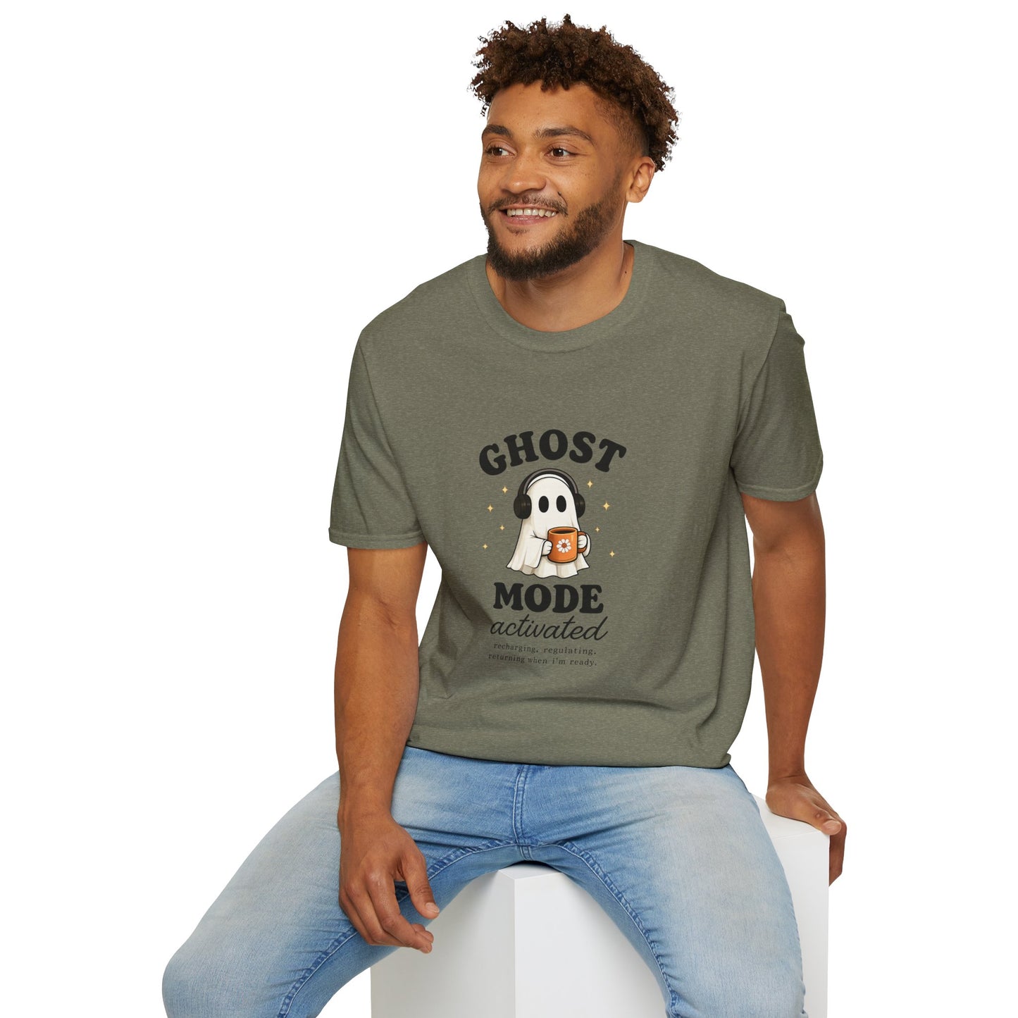 Ghost Mode T-Shirt — Cute Ghost with Headphones & Coffee